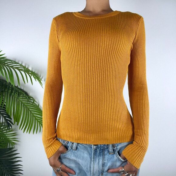 ModCloth Mustard Boho Cottagecore Ribbed Knit Long Sleeve Fitted Sweater Top /XS - Picture 3 of 7